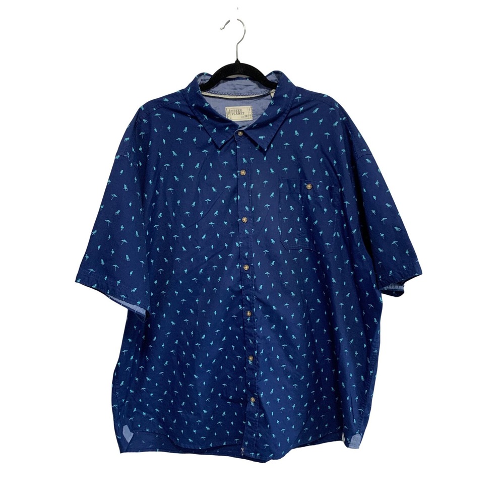 Free Planet Mens 3X Navy Blue Short Sleeve Button Up Shirt Flamingo Beach Print